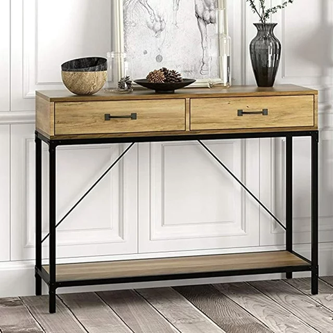 Rustic Console Table with 2 Drawers and Storage Shelf for Living Room, Home, Black Base