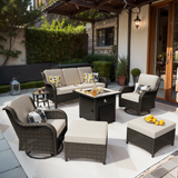 7 Pieces Outdoor Patio Furniture Set with Gas Fire Pit Table All Weather Wicker Conversation Set