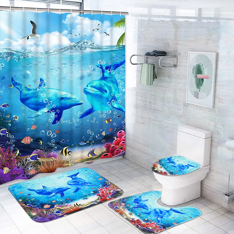 FRAMICS Blue Dolphin Shower Curtain and Rug Sets, 16 Pc Ocean World Bathroom Sets