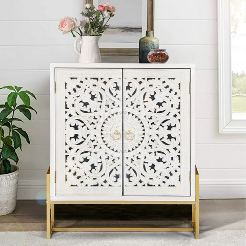 2-Door Flower Hollow-Carved Metal Feet Accent Cabinet-White