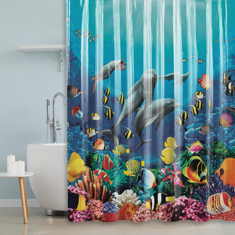 100% Waterproof 70 x 72 Inch PEVA Shower Curtain Set with 12 Plastic Hooks, Dolphin Print