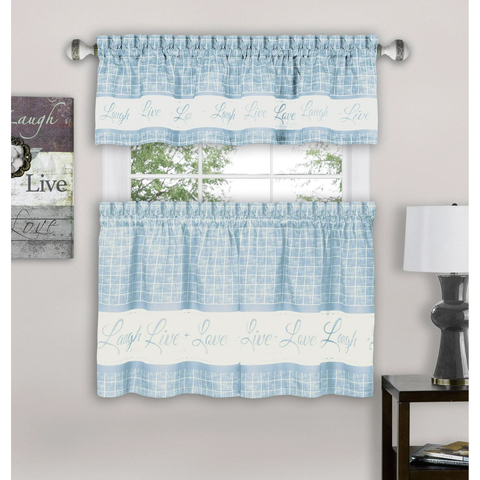 Simple Elegance by Ben&Jonah Live, Laugh, Love Window Curtain Tier Pair and Valance Set - 58"W x 36"L - Light Blue