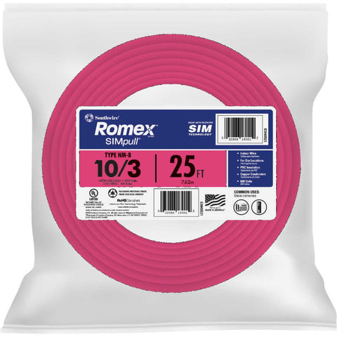 Romex 25 Ft. 10/3 Solid Pink NMW/G Electrical Wire