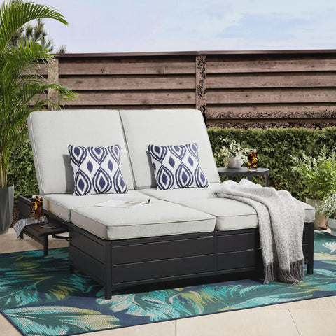 Asher Springs Outdoor Double Chaise Lounge Bench- Black & Gray