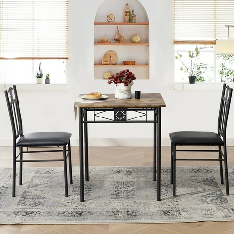 3-Piece Dining Table Sets with 2 Black Chairs for Kitchen, Dinette, Breakfast Nook, Brown