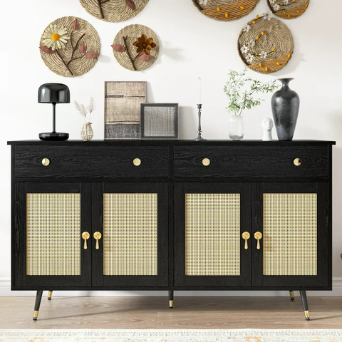 Sideboard Buffet Cabinet, 2 Drawer and 4 Rattan Door Sideboard Storage Cabinet, Black