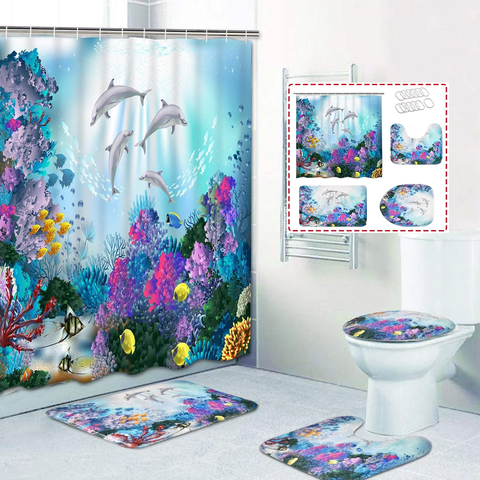 FRAMICS Blue Sea World Dolphin Shower Curtain and Rug Sets,