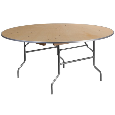 66" Round Birchwood Folding Banquet Table-Natural and Silver