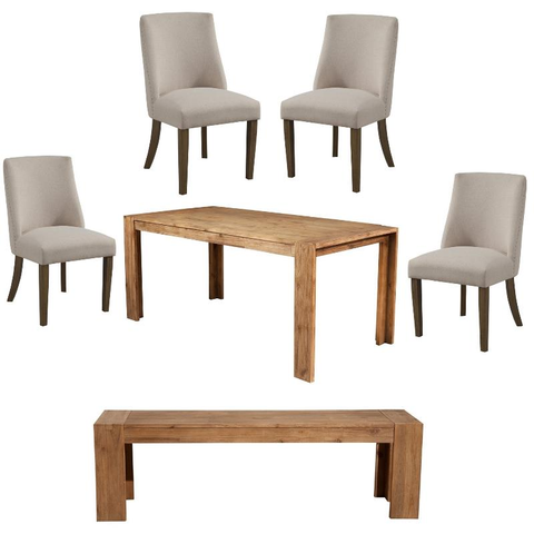 6 Piece Dining Set with Dining Table Bench and 4 Chairs in Oak