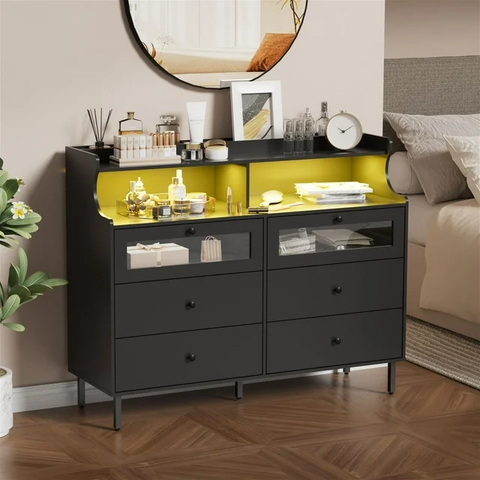 Black Dresser for Bedroom, 6 Drawer