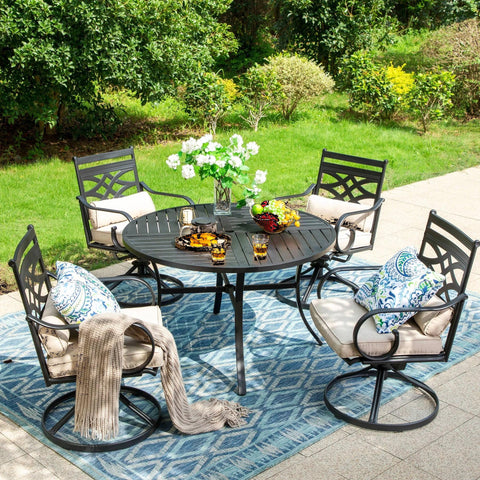 5-Piece Outdoor Patio Dining Set with 1 Metal Steel Round Table & 4 Swivel Chairs with Cushion, Black & Beige