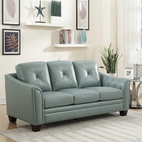 Tufted Leather Traditional Sofa In Spa Blue