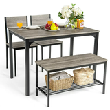 4 pcs Dining Table Set Rustic Desk 2 Chairs & Bench w/ Storage Rack