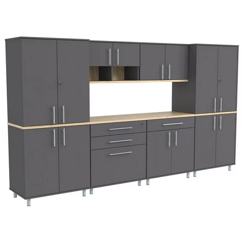 126" 6-Piece Garage Heavy-Duty Cabinet Set Engineered Wood, Dark Gray and Maple