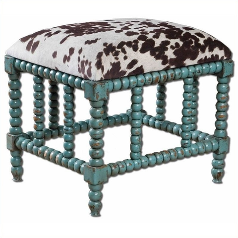 Maklaine Upholstered Velvet & Wood Small Bench in Aqua Blue/White/Chocolate