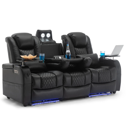 Home Theater Seating Seats, Movie Theater Chairs with 7 Colors Ambient Lighting, Touch Reading Lights, Black, Row of 3