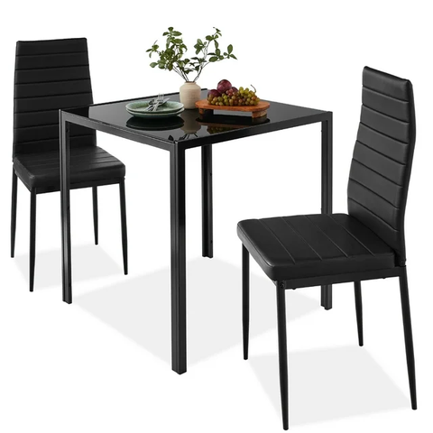 3-Piece Kitchen Dining Table Set w/ Glass Tabletop