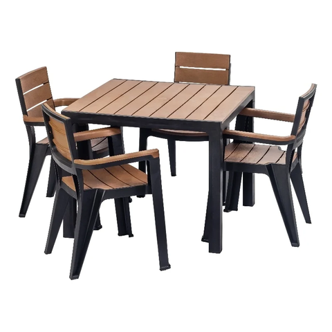 Madeira 4-Seat Patio Dining Table and Armchair Set in Black/Teak Brown