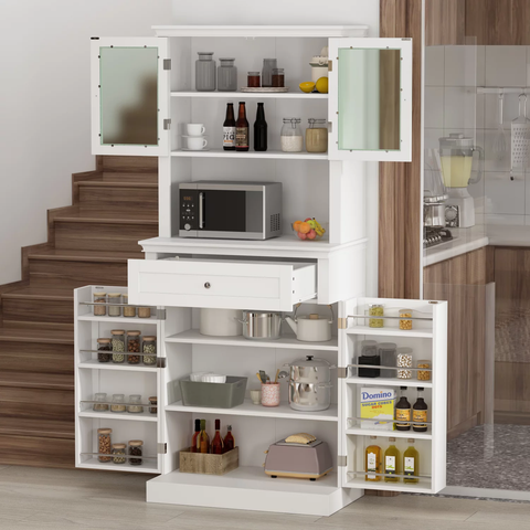 Kitchen Pantry with Hutch, Adjustable Shelves and Drawers