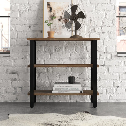 Rundell 32" Wide Rustic Industrial Solid Wood And Metal Frame Rectangular Bookcase With 2 Shelves