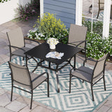 5 Piece Patio Metal Dining Set Square Table and 4 Textilene Chairs