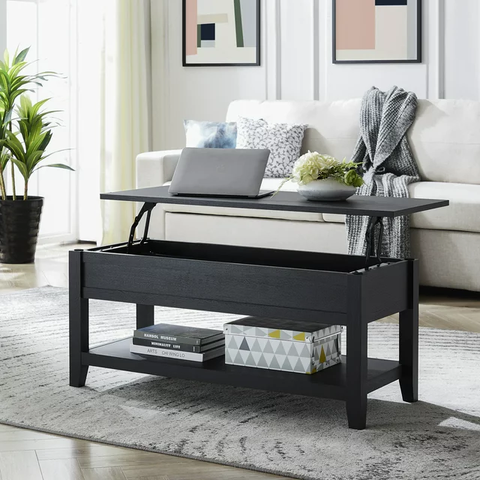 Lift Top Coffee Table with Storage Shelf, Blackwood