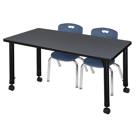 Kee 48" Adjustable Mobile Classroom Table - Grey & 2 Andy 12-in Chairs- Navy