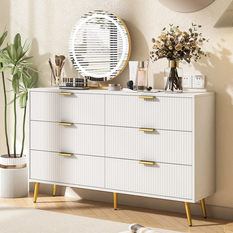 Fluted 6 Drawer Double Dresser, Modern Storage Cabinet, Wood Chest of Drawers for Living Room, Bedroom-white