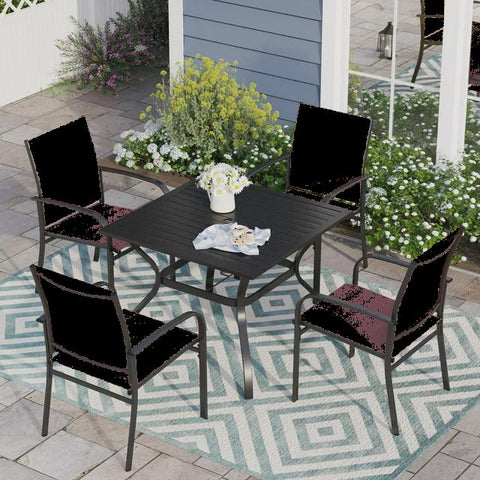 5 Piece Patio Metal Dining Set Square Table and 4 Textilene Chairs