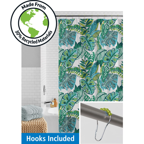 Waterproof Watercolor Jungle 30% Recycled PEVA Shower Curtain Set & Hooks, 13-Piece Green