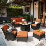 7 Pieces Outdoor Patio Furniture Set with Gas Fire Pit Table All Weather Wicker Conversation Set