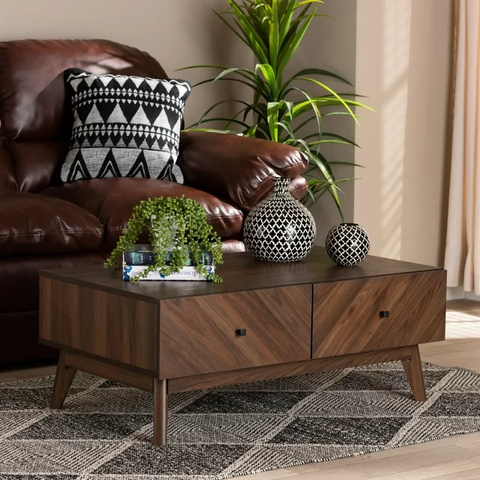 Mid-Century Modern Walnut Brown Finished Wood Coffee Table