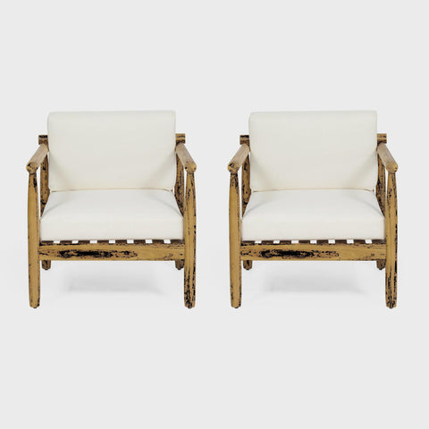 Benewah Outdoor Acacia Wood Club Chairs with Cushions, Set of 2, Teak and Cream