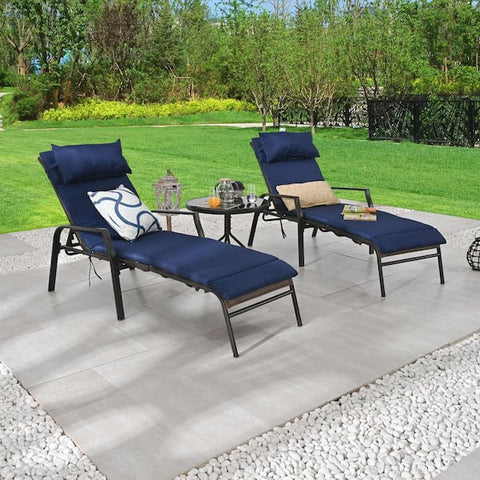 3-Piece Metal Outdoor Chaise Lounge with Blue Cushions