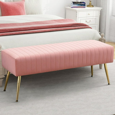 Entryway Bench, Velvet Upholstered Seat Footstool, Rectangular End of Bed Bench