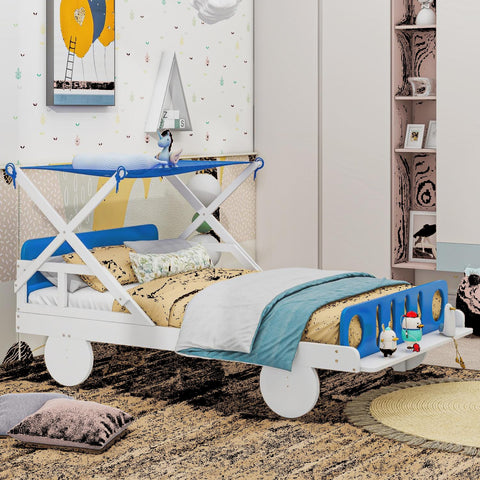 Twin Size Car-shape Bed with Ceiling Cloth, Wood Twin Platform