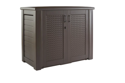 Patio Chic Outdoor Resin Storage Cabinet, 123 Gallons, Dark Teak