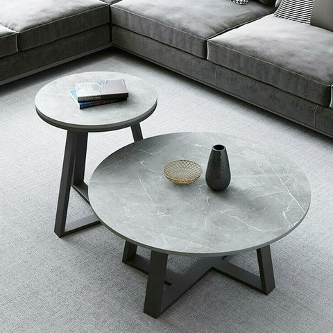 Set of 2 Modern Nesting Coffee Table Marble Round Side Table