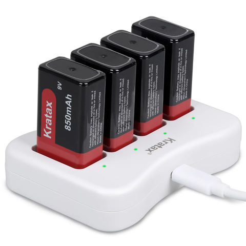 4-Pack 850mAh Rechargeable 9V Lithium Batteries with Charger for Smoke Alarm, Multimeter