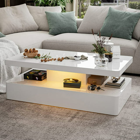 Modern Glossy White Coffee Table W/LED Lighting