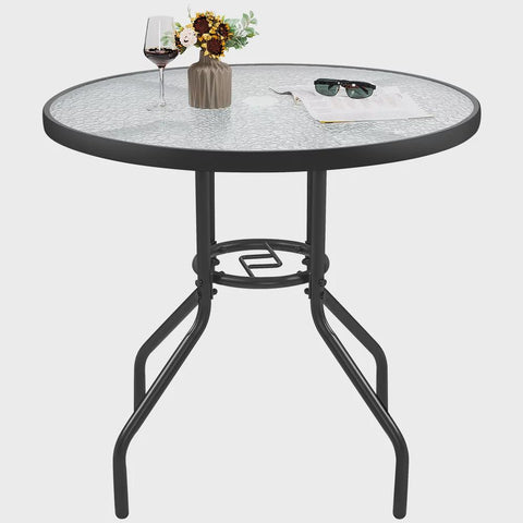 Topeakmart 27.4'' Outdoor Patio Round Bistro Table Tempered Glass Top with Umbrella Hole, Black