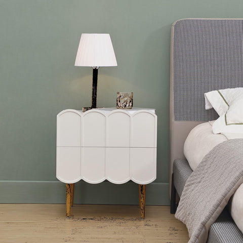 Modern Nightstands with Drawers, White Bedside Table for Bedroom, End Table with Storage for Livingroom. White/Gold