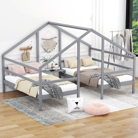 Euroco Wood House Twin Bed, Two Beds in One with Movable Desk