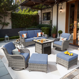 7 Pieces Outdoor Patio Furniture Set with Gas Fire Pit Table All Weather Wicker Conversation Set