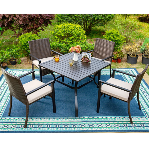 5-Piece Outdoor Patio Dining Set with 4 Wicker Cushioned Armchairs & 1 Square Table