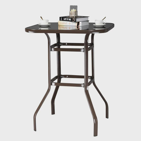 Patio Dinning Table 32 in Glass Surface Square Table Iron Frame, Outdoor Dining Table, Brown