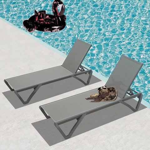 Domi Pool Lounge Chairs Set of 3, Adjustable Aluminum Plastic Outdoor Chaise Lounge with Side Table