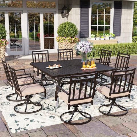 9-Piece Metal Outdoor Dining Set with Square Table and Stripe Swivel Chairs with Beige Cushions