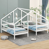 Euroco Wood House Twin Bed, Two Beds in One with Movable Desk