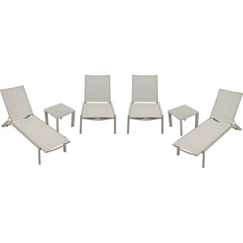 Outdoor Table Set, 2 Aluminum Slatted Side Tables & 4 Chaise Lounge Chairs